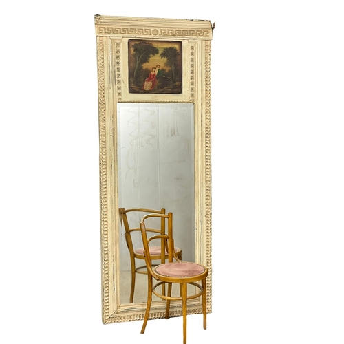 955 - A large 18th century style mirror with painted panel and frame. 89x220cm