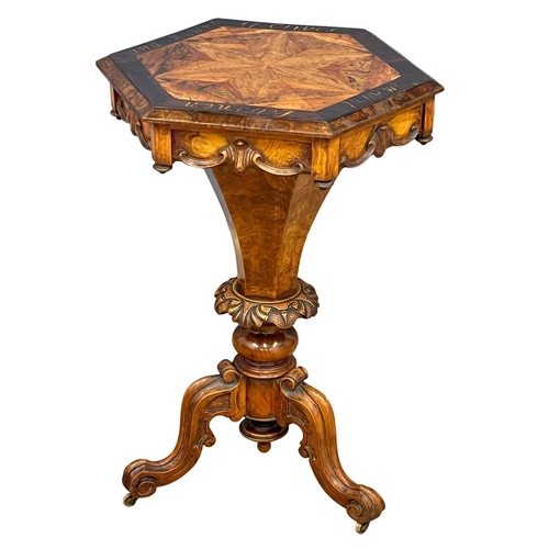 975 - A good quality Victorian Burr Walnut work table with inlays which include Lebanon Cedar and Olive Wo... 