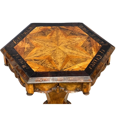 975 - A good quality Victorian Burr Walnut work table with inlays which include Lebanon Cedar and Olive Wo... 