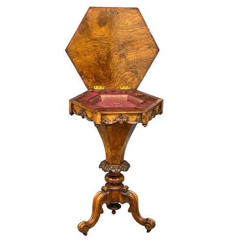 975 - A good quality Victorian Burr Walnut work table with inlays which include Lebanon Cedar and Olive Wo... 