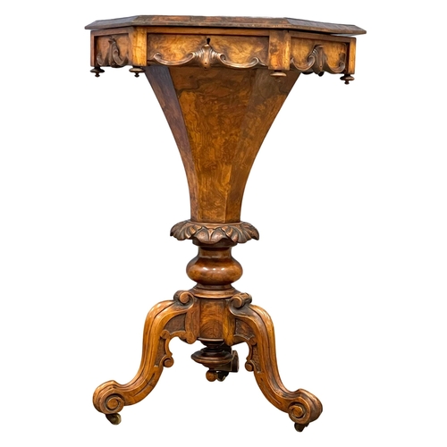 975 - A good quality Victorian Burr Walnut work table with inlays which include Lebanon Cedar and Olive Wo... 