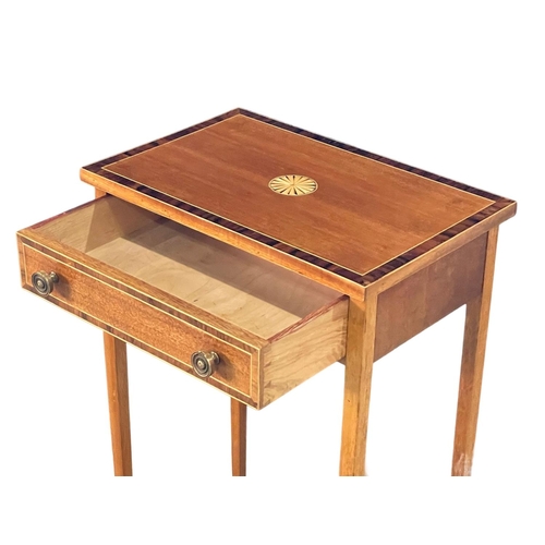 1084 - A vintage Sheraton Revival inlaid mahogany side table with drawer. 49x32x76cm