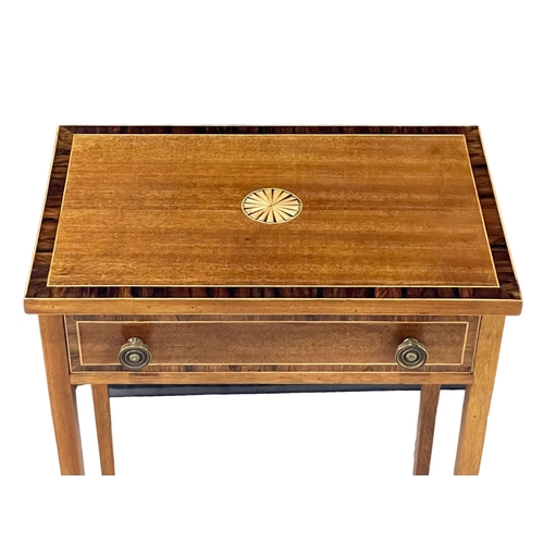 1084 - A vintage Sheraton Revival inlaid mahogany side table with drawer. 49x32x76cm