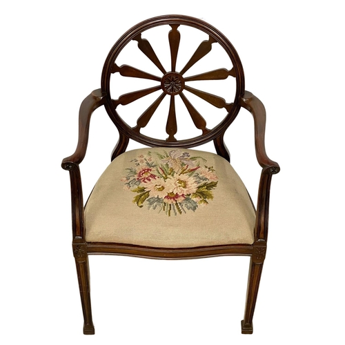 1085 - An early 20th century Hepplewhite style mahogany armchair with tapestry seat. Circa 1900-1910.