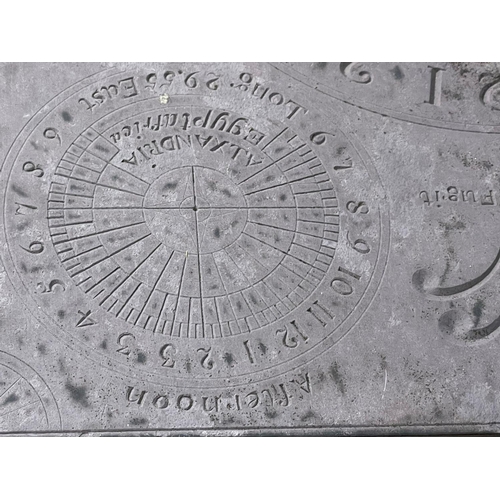 1029 - A 19th century cast iron based sundial with slate top.  Inscribed James McMeekan, 1842.  51x40x71cm