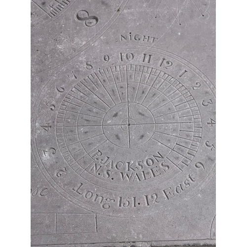 1029 - A 19th century cast iron based sundial with slate top.  Inscribed James McMeekan, 1842.  51x40x71cm