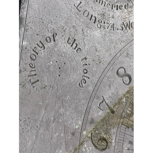 1029 - A 19th century cast iron based sundial with slate top.  Inscribed James McMeekan, 1842.  51x40x71cm