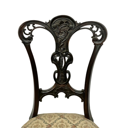 1053 - 3 late Victorian mahogany side chairs on cabriole legs, circa 1900