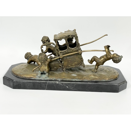 2 - A large early 20th century ornate brass French Putti and carriage figure on marble base. In the mann... 