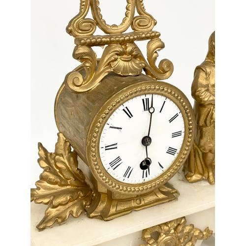 5 - A late 19th century French brass and onyx clock set. Clock measures 25x10x31cm. Candelabras 38.5cm.