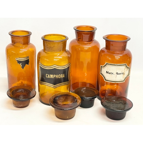 10 - 4 large early 20th century apothecary chemist Amber Glass jars. Height 23cm