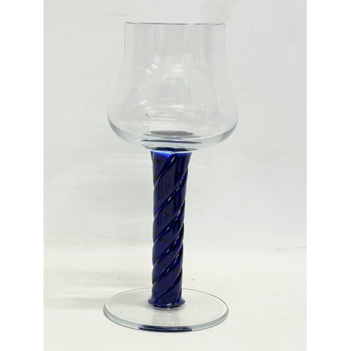 118 - A collection of Bristol Blue glassware. A set of 3 wine glasses with twist stems. A set of 3 juice g... 