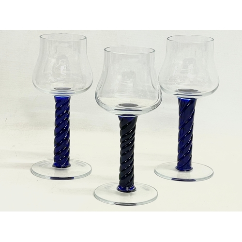 118 - A collection of Bristol Blue glassware. A set of 3 wine glasses with twist stems. A set of 3 juice g... 