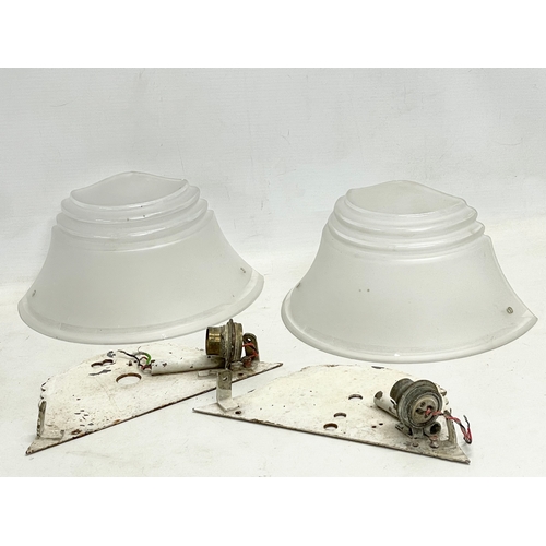 162 - A pair of vintage Art Deco wall lights with glass shades. 25x13cm