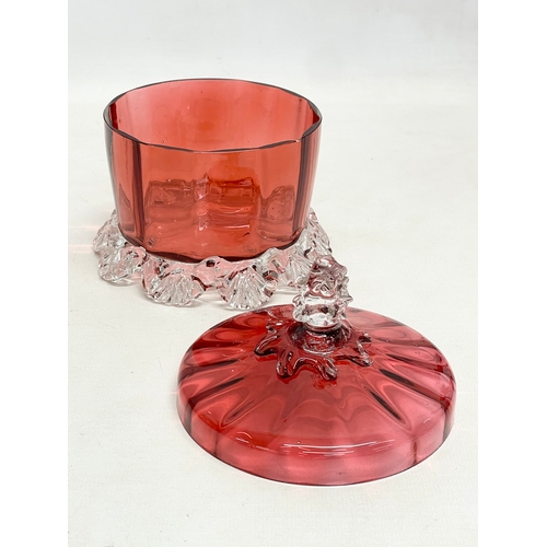 268 - 3 pieces of 19th century Ruby Glass. Bohemian Glass candlestick 23cm. A Victorian sweet jar with lid... 