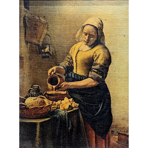 578 - A vintage oleograph of Jan Vermeer Van Delft's 'The Milkmaid,' in ornate gilt frame. 28x33.5cm with ... 