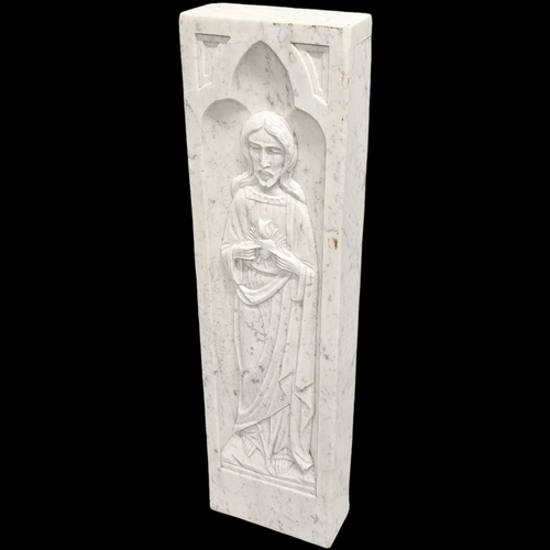 30L - A late 19th century carved marble panel with image of jesus. 18x7.5x66.5cm