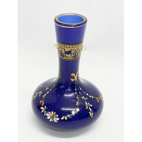 109A - A late 19th century hand painted Bristol Blue vase with Vaseline Glass beads. 11cm