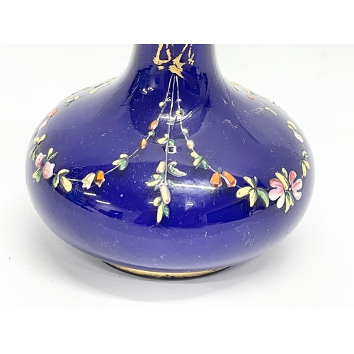 109A - A late 19th century hand painted Bristol Blue vase with Vaseline Glass beads. 11cm