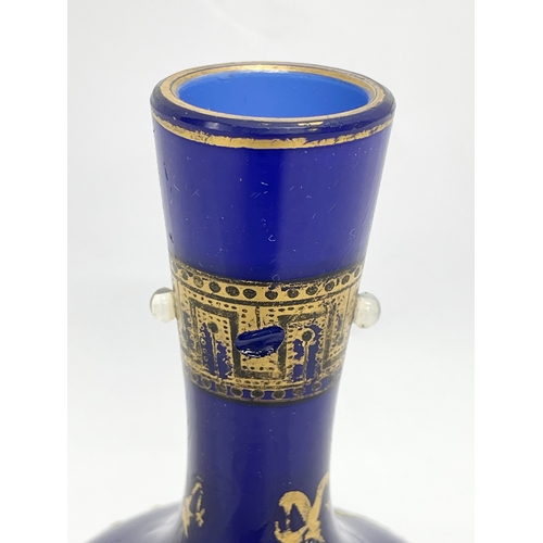 109A - A late 19th century hand painted Bristol Blue vase with Vaseline Glass beads. 11cm