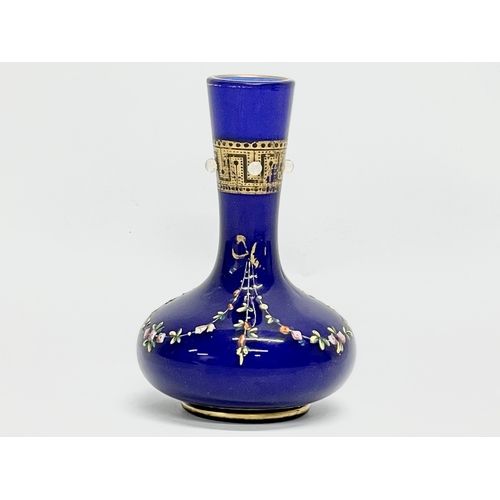 109A - A late 19th century hand painted Bristol Blue vase with Vaseline Glass beads. 11cm