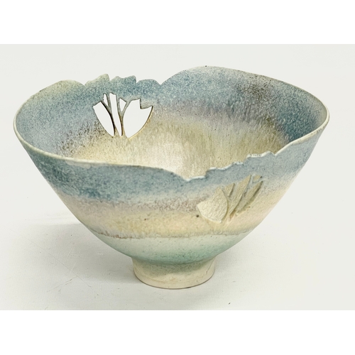 16 - A Mollie Hillam Fulneck pierced studio pottery bowl. 18.5x16x11cm