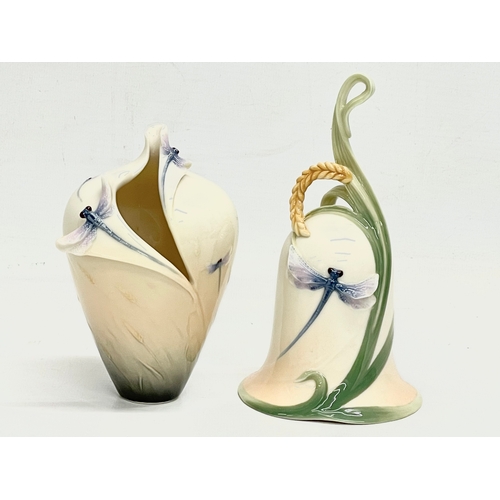 74 - 2 pieces of Franz ‘Dragonfly’ porcelain. A vase and bell. Bell measures 16cm