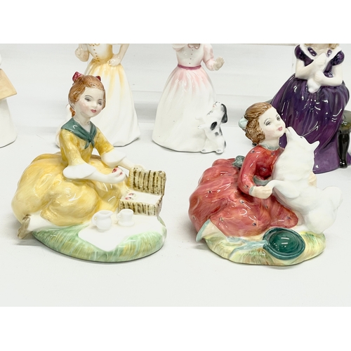 198 - A collection of 10 small Royal Doulton figurines. Royal Doulton Picnic 10x11cm. Royal Doulton Home A... 