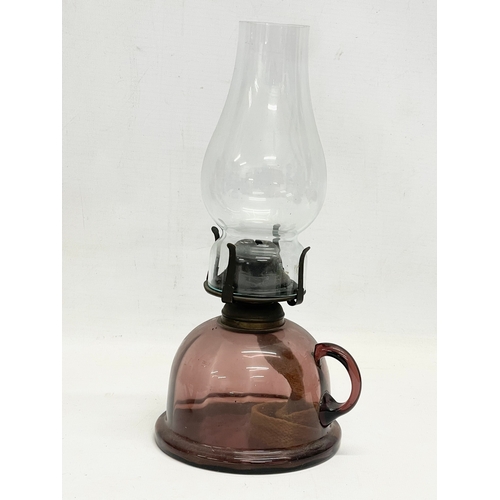 75 - 2 late 19th century glass and pottery finger oil lamps and a large brass wall light.