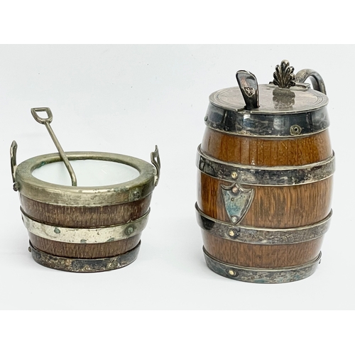 133 - A 2 piece Victorian oak and silver plated condiment set by John Grinsell & Sons. Circa 1880. 9x8cm