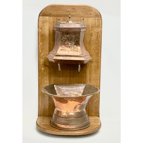 95 - A large 19th century French copper water fountain on oak frame. 54x40x103cm