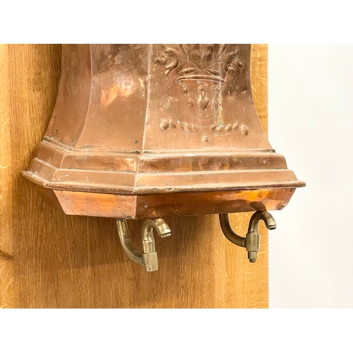 95 - A large 19th century French copper water fountain on oak frame. 54x40x103cm