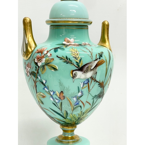 46 - A large 19th century hand painted Harrach Glass urn with lid. 46.5cm