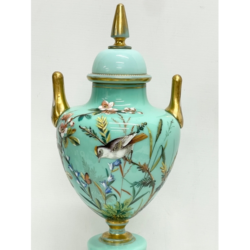 46 - A large 19th century hand painted Harrach Glass urn with lid. 46.5cm