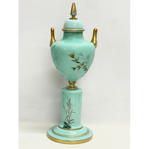 46 - A large 19th century hand painted Harrach Glass urn with lid. 46.5cm