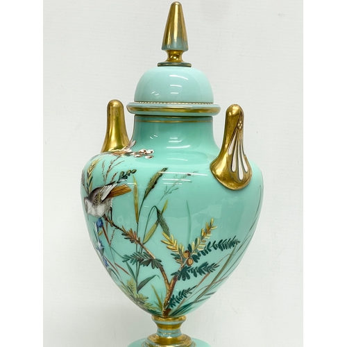 46 - A large 19th century hand painted Harrach Glass urn with lid. 46.5cm