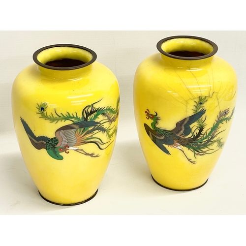 50 - A pair of good quality late 19th century Japanese wireless Cloisonné yellow enamel vases. 13x19cm