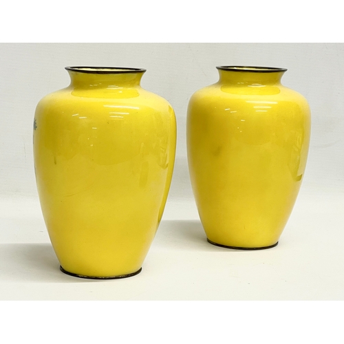 50 - A pair of good quality late 19th century Japanese wireless Cloisonné yellow enamel vases. 13x19cm