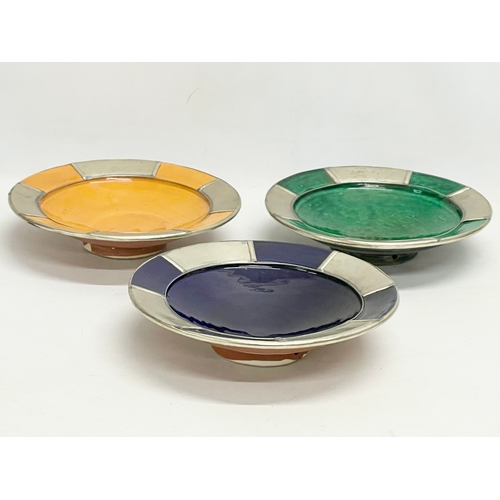 294 - A set of 3 vintage Moroccan glazed earthenware bowls with silver trims. Possibly Safi. 26x6cm