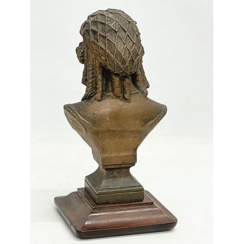 108 - A 19th century spelter bust on stand with a pair of late 19th century brass candlesticks. Bust 10x20... 