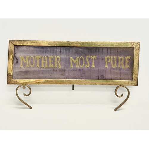 111 - An early 20th century double sided brass framed religious embroidery. Mother Most Pure. 41.5x22cm.