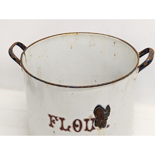 345 - A large early 20th century enamel flour pot. 44x41cm