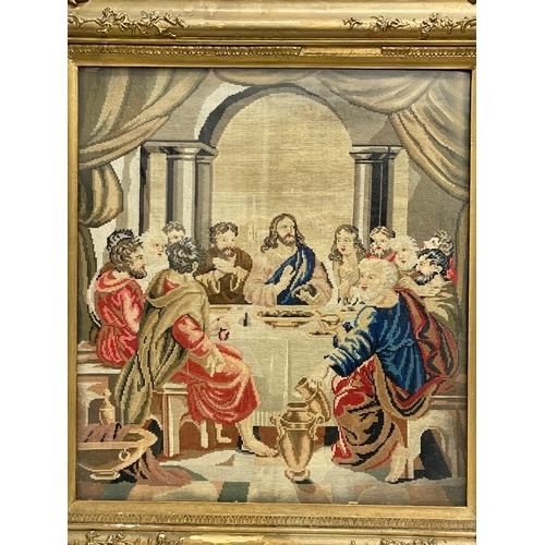 308 - A large 19th century gilt framed religious tapestry of Jesus and his 12 Disciples. 81x87cm