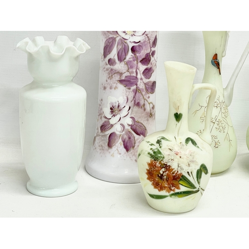 378 - A collection of Victorian glass vases. Some with hand painted decoration. 24cm