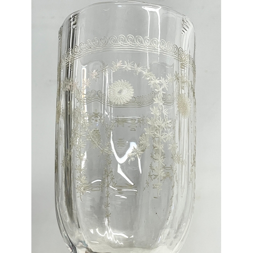 383 - A pair of large Victorian etched glass vases/candleholders with silver plated bases. 25cm