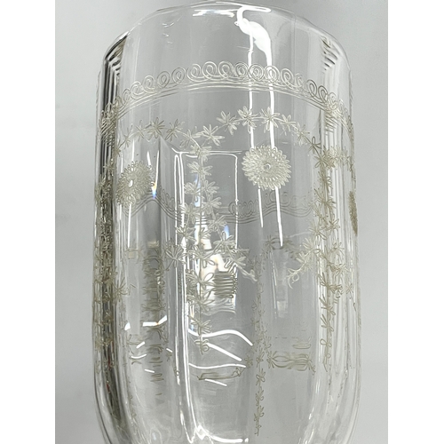 383 - A pair of large Victorian etched glass vases/candleholders with silver plated bases. 25cm