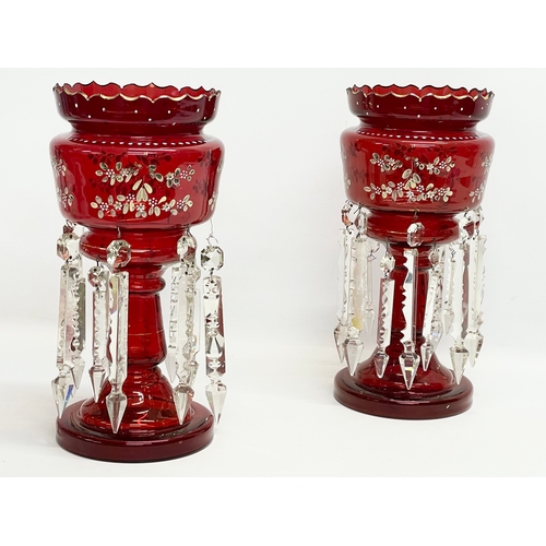 1 - A pair of large Victorian hand painted Ruby Glass lustres. 19x36.5cm