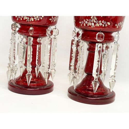 1 - A pair of large Victorian hand painted Ruby Glass lustres. 19x36.5cm