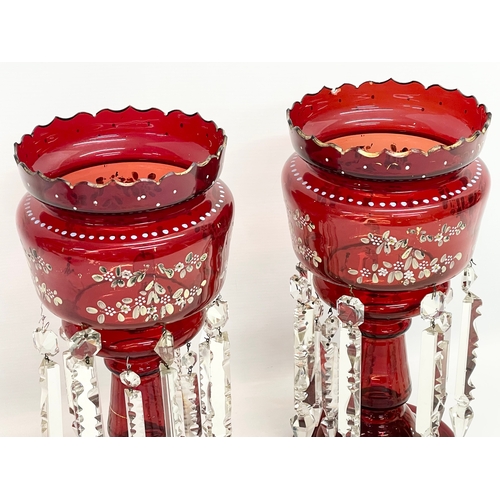 1 - A pair of large Victorian hand painted Ruby Glass lustres. 19x36.5cm