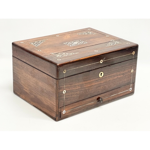 16 - A Victorian rosewood vanity box with Mother of Pearl inlay and cut glass bottles with silver plated ... 